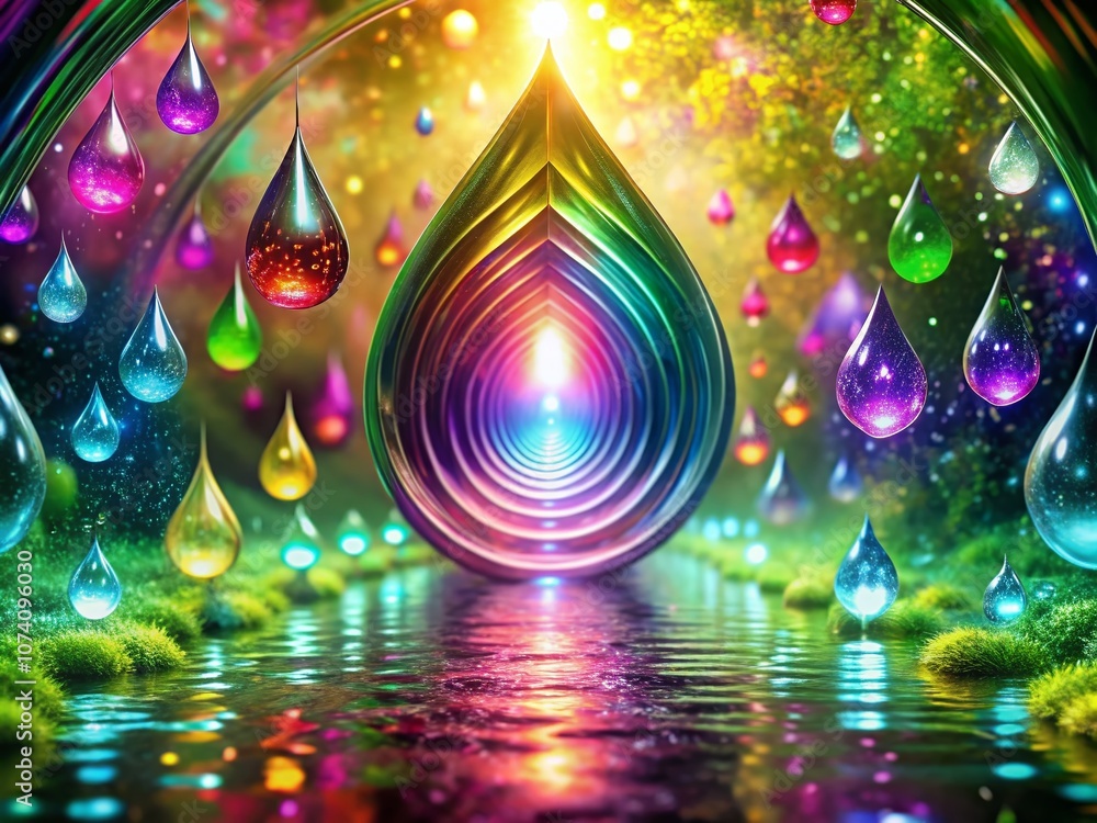 Poster ethereal water droplet shapes with neon lights in a spring season tunnel - high-quality bokeh effect