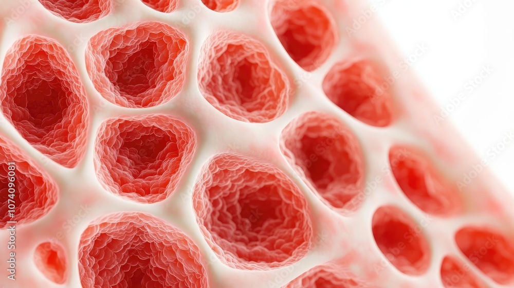 Aufkleber close-up of red cell structures on a white isolate background.