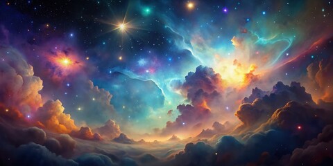 Fototapeta premium Ethereal Watercolor Nebula in Low Light Photography Capturing the Mystical Beauty of the Universe with Vibrant Colors, Cosmic Elements, and Dreamy Atmosphere Ideal for Astrophotography Lovers