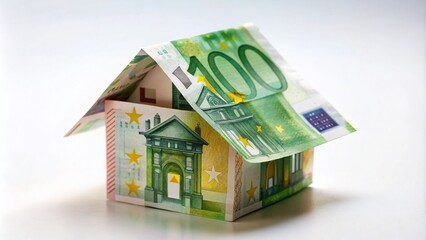Euro Banknote Shaped House on White Background Illustrating Investment Property, Mortgage Concepts, and Real Estate Market Uncertainty with Utility Bills Flat Lay View