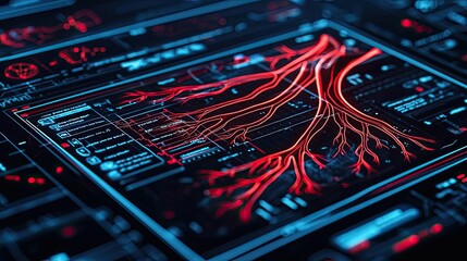 Futuristic digital interface with glowing red circuit patterns, dark background.