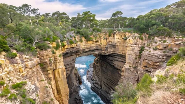 Waves crashing into devils kitchen creating tasman arch natural rock formation on tasman peninsula in tasmania, australia