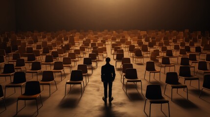 A person sitting alone in a room surrounded by empty chairs, representing the isolation and impact of the ongoing mental health crisis.generative ai illustration