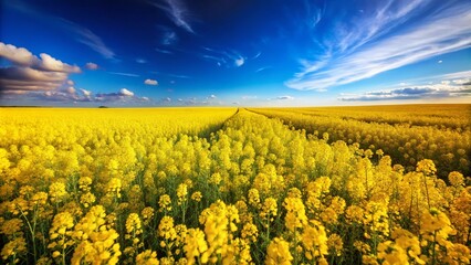 Fototapeta premium Expansive Yellow Mustard Field Under a Clear Blue Sky - A Vibrant Landscape Showcasing the Beauty of Agriculture and Nature’s Bounty in Full Bloom