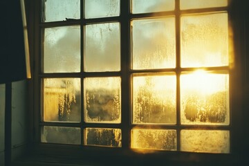 Condensation on glass steamed window with water backdrop