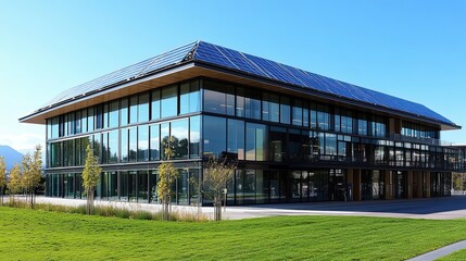 Obraz premium Modern glass building with solar panels on the roof and green lawn in front.