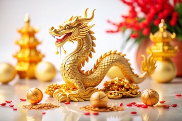 Fototapeta premium Exquisite 3D Gold Chinese New Year Dragon Figurine on White Background Capturing the Essence of Festivity and Tradition in Lunar New Year Celebrations