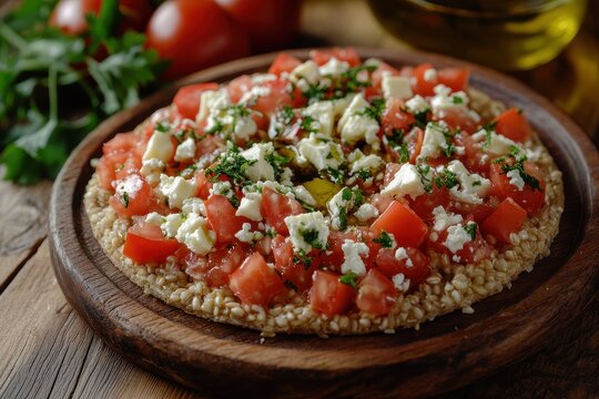 Cretan dakos a classic salad from Crete features barley rusk fresh tomatoes cheese and olive oil presented on a wooden board
