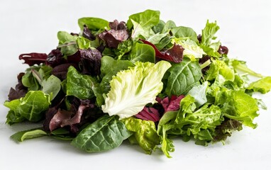 A pile of mixed leafy greens on a white surface, ready to be used in a healthy salad