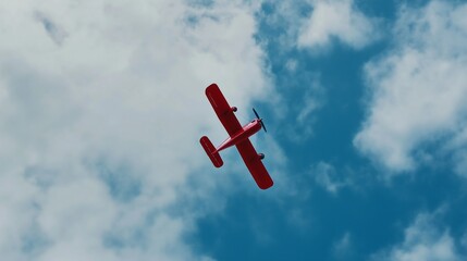 Red Airplane Flying in a Blue Sky with White Clouds