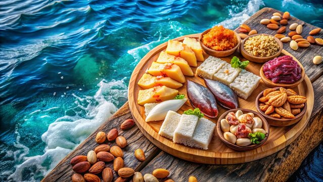 Exquisite Assortment of Salazones: Mojama de At&uacute;n, Hueva de M&uacute;jol, Maruca, and Caballa with Almonds Against a Nautical Background
