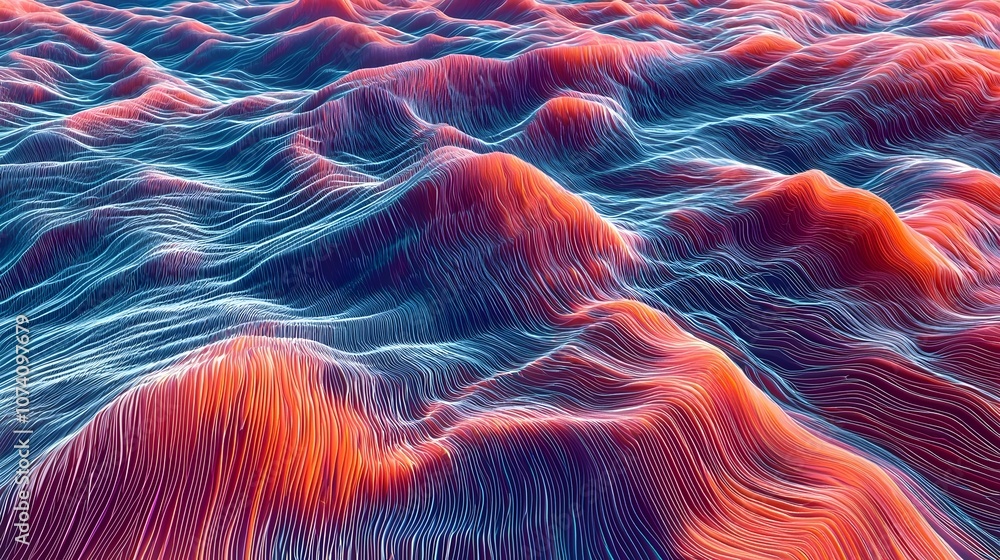 Poster an abstract digital landscape depicting flowing waves with vibrant red and blue hues. the image capt