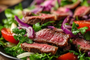 Detailed view of Thai beef salad on plate