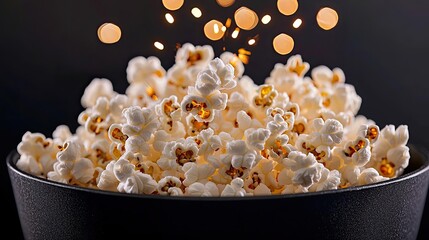 Delicious popcorn in a black bowl with sprinkles on a dark background.