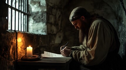Obraz premium A prisoner from a historical era writing a letter in a dark cell, by candlelight, isolated on a white background