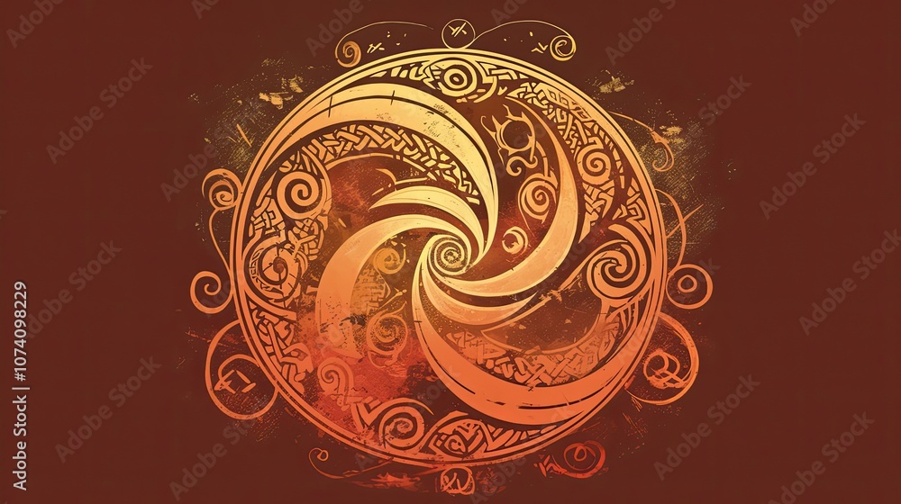 Aufkleber glowing orange and red abstract circular design with spiral and geometric patterns