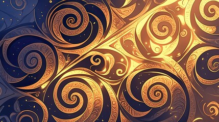 Abstract Swirling Pattern with Golden Spirals and Blue Background