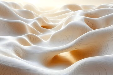 Fototapeta premium A serene landscape of flowing white and beige waves, creating a tranquil and ethereal effect in soft light, reminiscent of rolling hills and gentle curves.