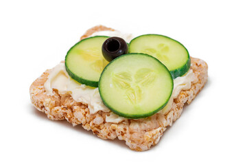 Rice Cake Sandwich with Fresh Cucumber, Cream Cheese and Olives - Isolated on White. Easy Breakfast. Quick and Healthy Sandwiches. Crispbread with Tasty Filling. Healthy Dietary Snack - Isolation