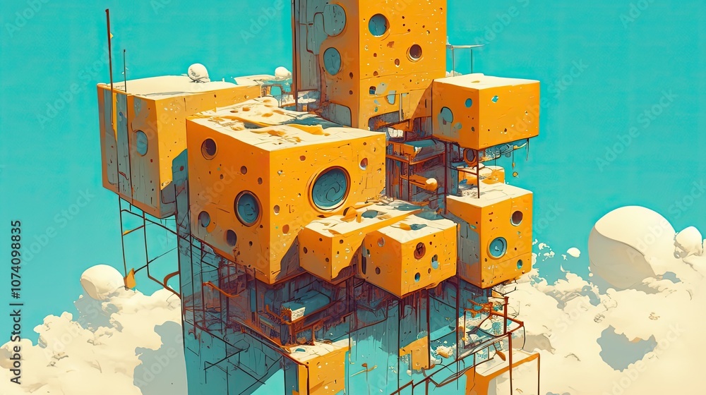 Poster An Abstract Structure Made of Yellow Cubes with Circular Openings, Floating on a Sea of Clouds in a Blue Sky