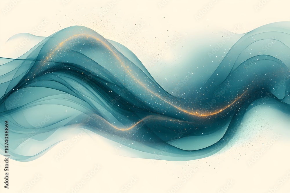 Poster a serene abstract design showcasing flowing teal waves with a golden spark, creating a calming and e