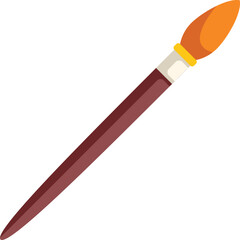 Thin artist paint brush with orange paint is lying diagonally on a white background