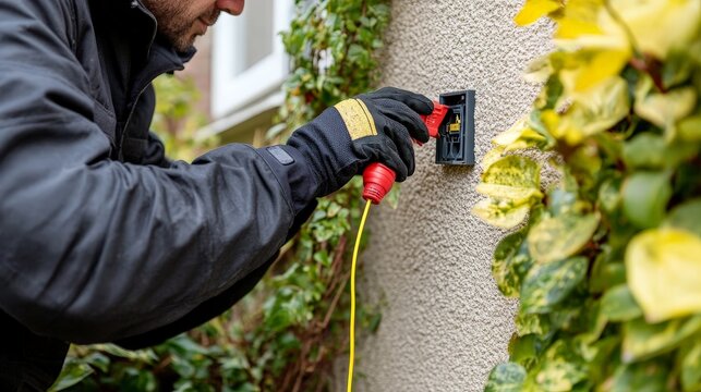 A professional repairing an outdoor electrical outlet, using insulated tools and a voltage tester - Powered by Adobe