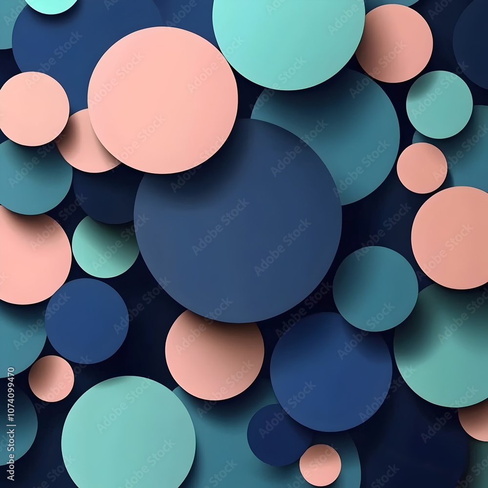 Poster a vibrant abstract composition featuring overlapping circles in shades of teal, navy blue, and soft 