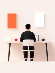 Minimalistic illustration of a person working at a desk with a laptop, featuring a clean background and simple decor elements, representing work-from-home or office setting.