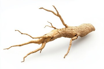 Fototapeta premium Ginseng root on white backdrop Medicinal wild variety