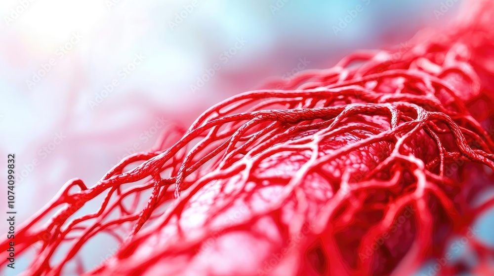 Poster close-up view of red blood vessels with a soft bokeh background.