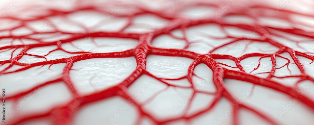 Aufkleber close-up view of intricate red vascular structures on a white background.