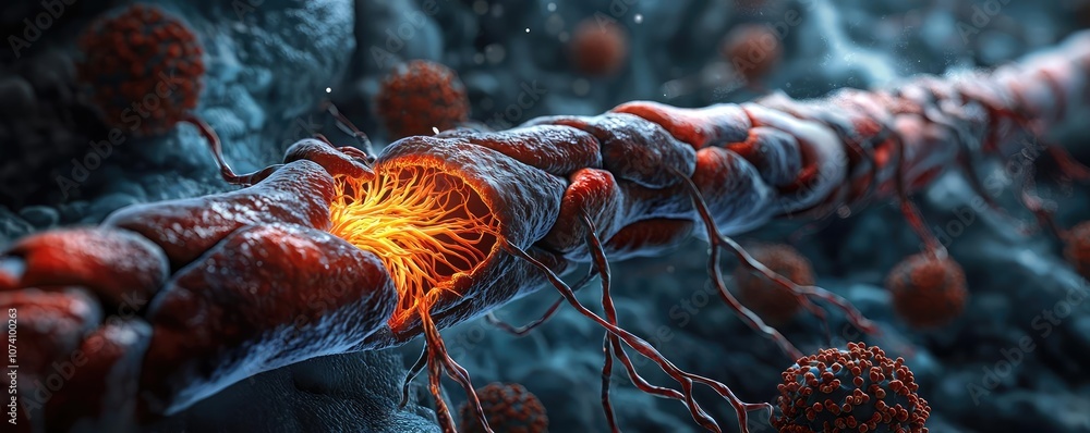 Poster detailed microscopic view of nerve cells with glowing synapse connections.