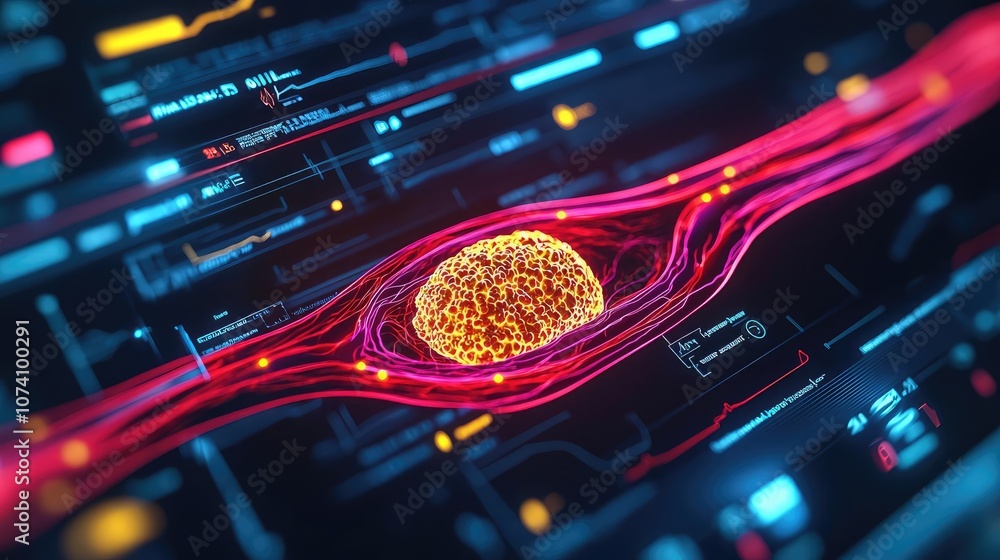 Poster abstract representation of a glowing cell in a digital environment.