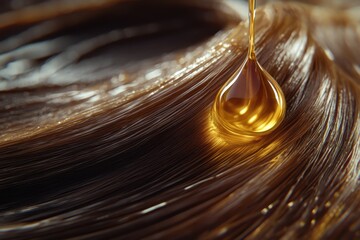Fototapeta premium Hair wellness oil Close up of human hair with a drop of oil Hair care and spa concept 3D rendering