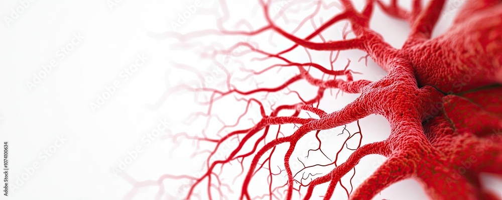 Poster detailed view of intricate red neural network on a white background.