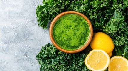 A vibrant bowl of green juice surrounded by fresh kale and lemon halves on a light background, emphasizing health and freshness.