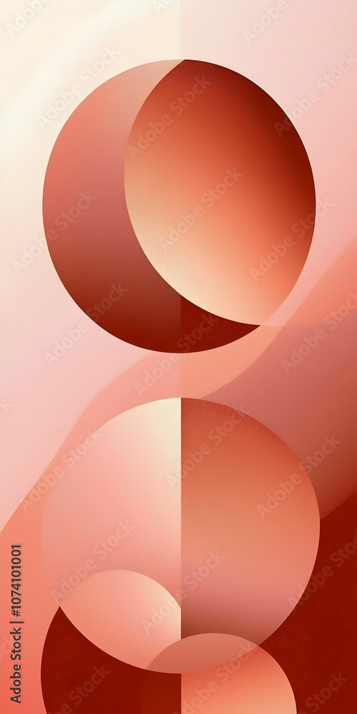 Poster a modern abstract composition featuring overlapping circular shapes in warm shades of red and pink, 