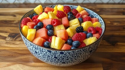 Fototapeta premium A vibrant bowl of mixed fresh fruits, including watermelon, pineapple, berries, and blueberries, arranged beautifully on a wooden surface.