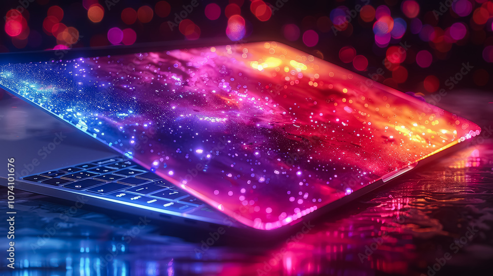 Poster laptop computer with a colorful screen displaying a bright, colorful explosion.