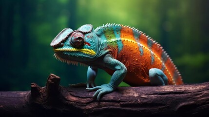 Fototapeta premium A vibrant chameleon perched on a log, showcasing its colorful skin in a lush forest setting.