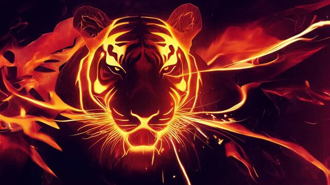 A head of a fire tiger is portrayed in a close-up on a black background with copy space. A Chinese zodiac sign tiger. AI-Generated