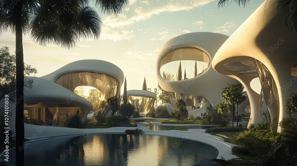 Poster modern, futuristic architecture with pool and palm trees