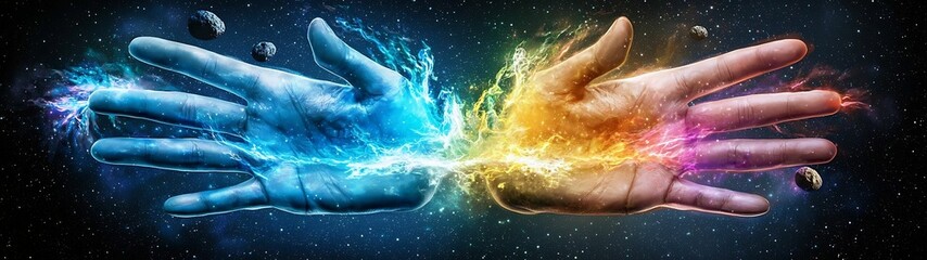 Fototapeta premium Explore the cosmic connection hands unite amidst a galaxy of colorful energy