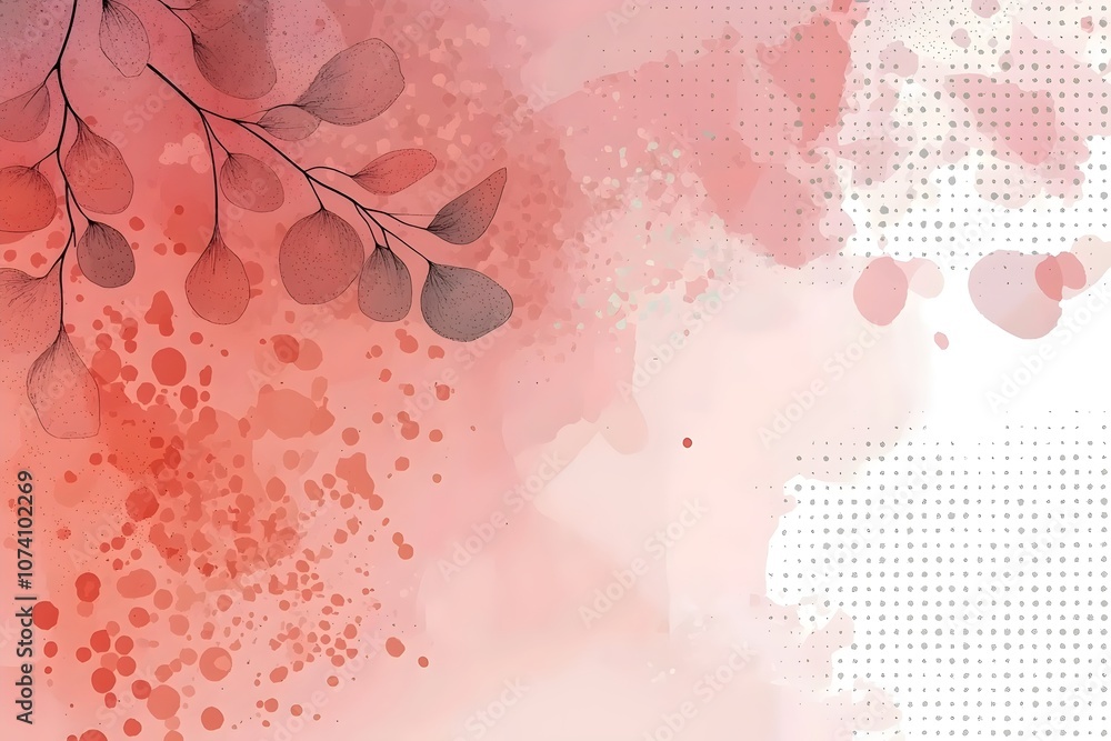 Poster artistic abstract background featuring soft peach and pink hues with delicate leaves and splashes of