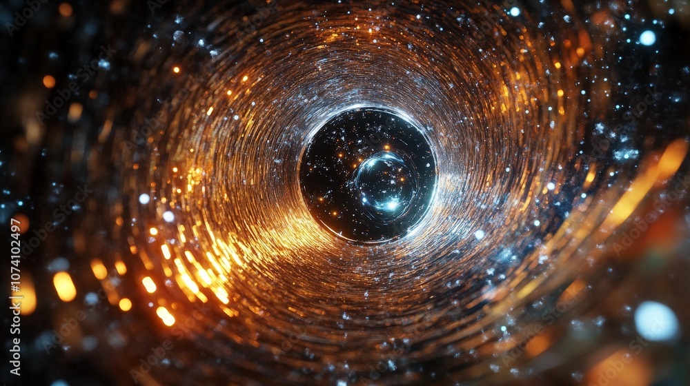 Poster a simulation of a micro black hole interacting with surrounding particles, illustrating quantum grav