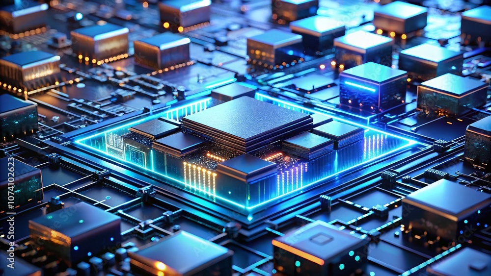Poster futuristic circuit board platform with glowing neon squares and microchips illuminated by blue light