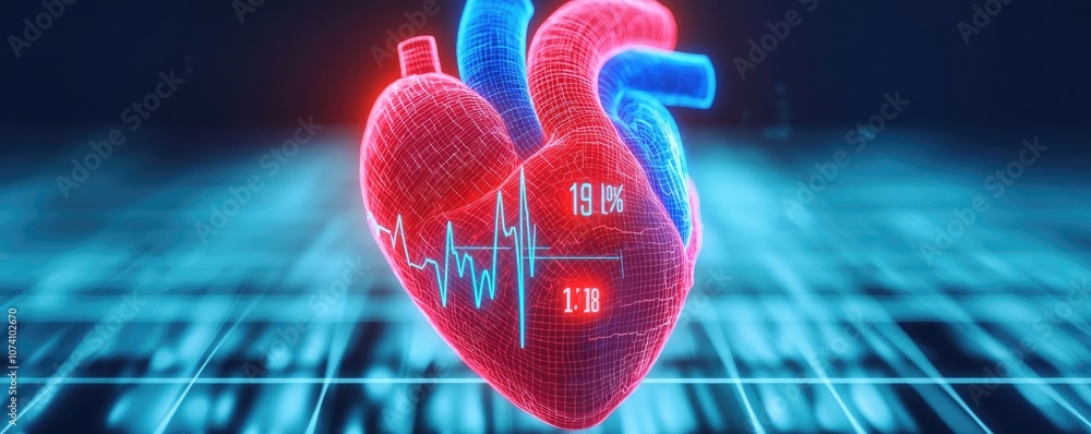 Poster futuristic digital heart model with health monitoring data display.