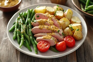 Nicoise salad with tuna green beans tomatoes potatoes and mustard vinaigrette on a white plate atop a wooden table