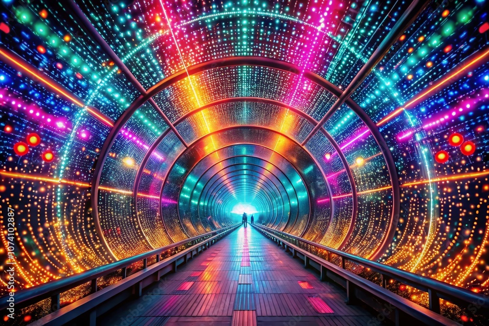 Poster futuristic digital tunnel with intricate patterns and glowing particles, showcasing immersive drone 